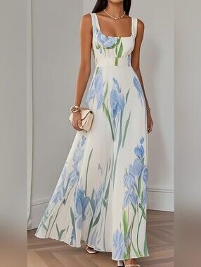 Summer Maxi Dress Floral Off-white/BLue XXL